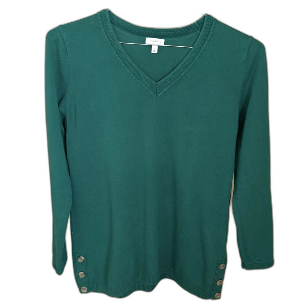 Talbots Sweater Womens Med Pullover Green V-Neck Cotton Side Buttons Christmas